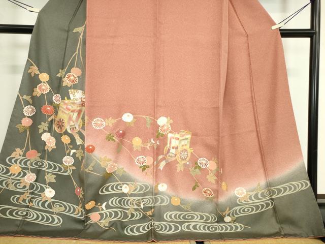平和屋着物●訪問着　御所車流水花文　暈し染め　金彩　正絹　逸品　DABC3028az