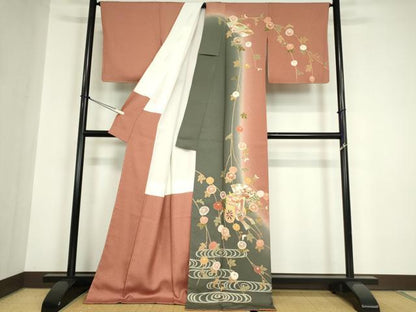 平和屋着物●訪問着　御所車流水花文　暈し染め　金彩　正絹　逸品　DABC3028az