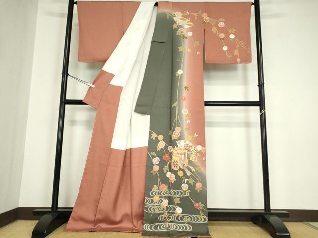 平和屋着物●訪問着　御所車流水花文　暈し染め　金彩　正絹　逸品　DABC3028az