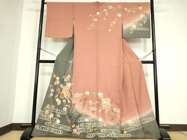 平和屋着物●訪問着　御所車流水花文　暈し染め　金彩　正絹　逸品　DABC3028az