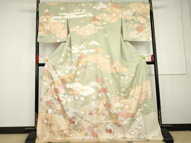 平和屋着物●訪問着　駒刺繍　鴛鴦吉祥草花文　金彩　ロング丈　正絹　逸品　AABG2737cs