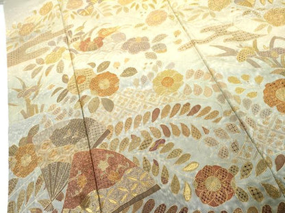 平和屋着物●総刺繍 訪問着 中国三大刺繍 汕頭刺繍 スワトウ刺繍 辻が花 鴛鴦扇面草花文 暈し染め 金糸 金通し地 正絹 逸品 AABG2740cs
