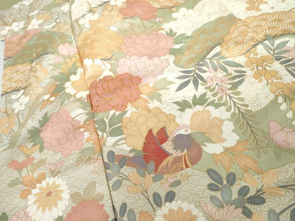 平和屋着物●訪問着　駒刺繍　鴛鴦吉祥草花文　金彩　ロング丈　正絹　逸品　AABG2737cs