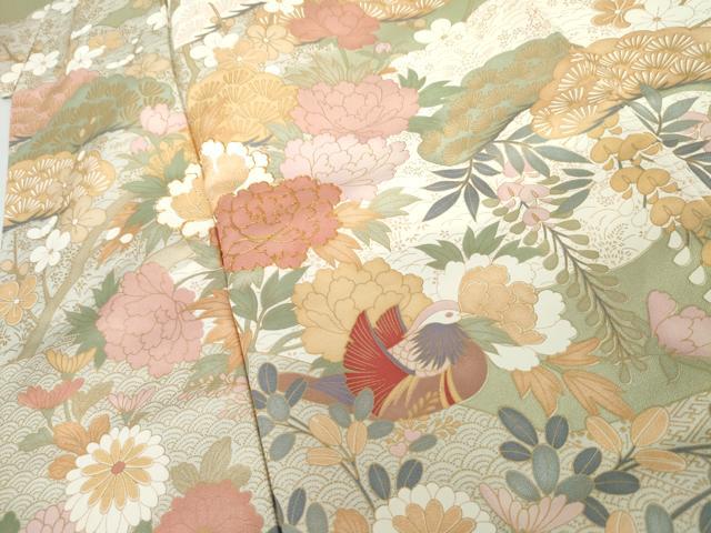 平和屋着物●訪問着　駒刺繍　鴛鴦吉祥草花文　金彩　ロング丈　正絹　逸品　AABG2737cs