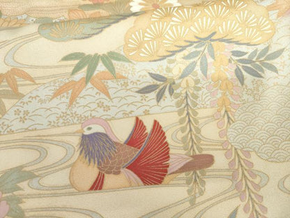 平和屋着物●訪問着　駒刺繍　鴛鴦吉祥草花文　金彩　ロング丈　正絹　逸品　AABG2737cs