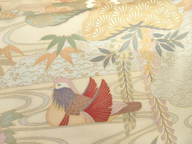 平和屋着物●訪問着　駒刺繍　鴛鴦吉祥草花文　金彩　ロング丈　正絹　逸品　AABG2737cs