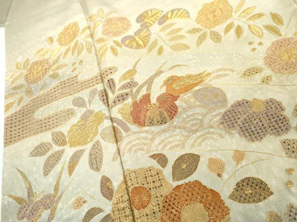 平和屋着物●総刺繍 訪問着 中国三大刺繍 汕頭刺繍 スワトウ刺繍 辻が花 鴛鴦扇面草花文 暈し染め 金糸 金通し地 正絹 逸品 AABG2740cs