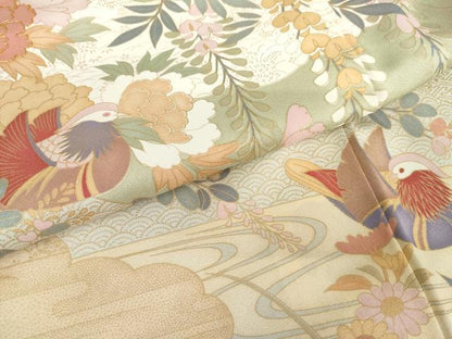 平和屋着物●訪問着　駒刺繍　鴛鴦吉祥草花文　金彩　ロング丈　正絹　逸品　AABG2737cs