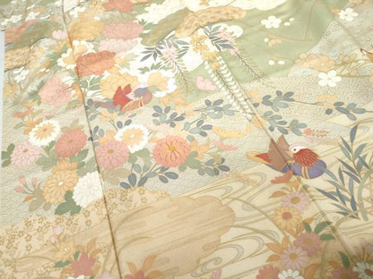 平和屋着物●訪問着　駒刺繍　鴛鴦吉祥草花文　金彩　ロング丈　正絹　逸品　AABG2737cs