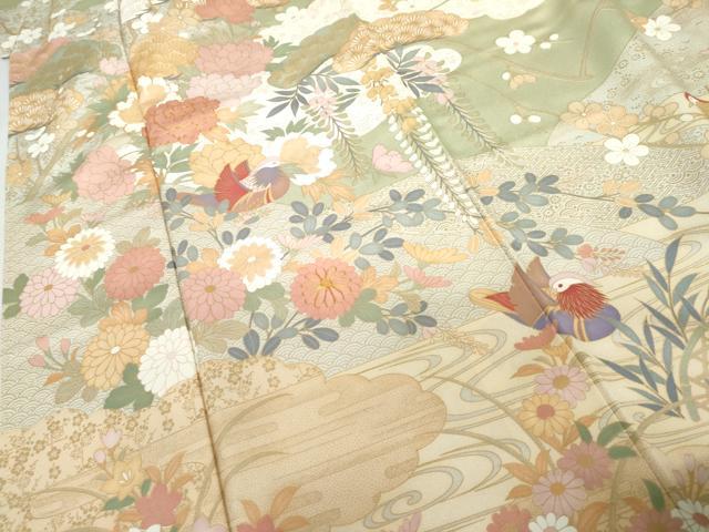 平和屋着物●訪問着　駒刺繍　鴛鴦吉祥草花文　金彩　ロング丈　正絹　逸品　AABG2737cs