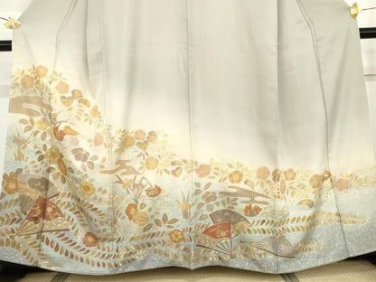 平和屋着物●総刺繍 訪問着 中国三大刺繍 汕頭刺繍 スワトウ刺繍 辻が花 鴛鴦扇面草花文 暈し染め 金糸 金通し地 正絹 逸品 AABG2740cs