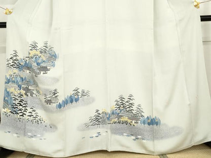 平和屋着物●人間国宝・羽田登喜男 色留袖 風景樹林松文 正絹 逸品 AABG2744cs