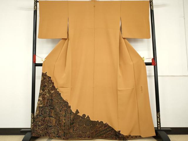 平和屋着物●前田仁仙 仁仙更紗 色留袖 更紗花鳥文 正絹 逸品 AABG2758cs