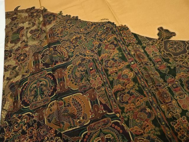 平和屋着物●前田仁仙 仁仙更紗 色留袖 更紗花鳥文 正絹 逸品 AABG2758cs