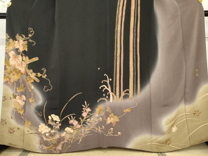 平和屋着物●訪問着 作家物 月亀 蔦の葉文 暈し染め 黒地 金彩 鬼しぼ縮緬 正絹 逸品 AABG2757cs
