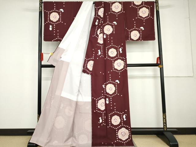 平和屋着物●夢工房 小紋 猫と薔薇 やまと誂製 ロング丈 洗える着物 未使用 AABG2748cs