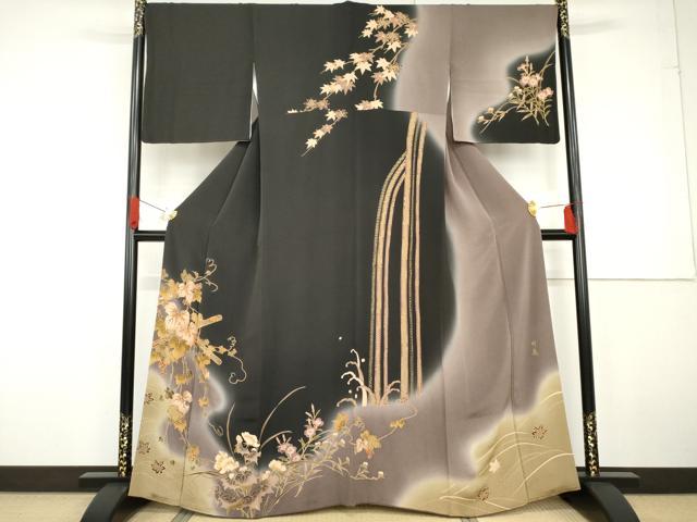 平和屋着物●訪問着 作家物 月亀 蔦の葉文 暈し染め 黒地 金彩 鬼しぼ縮緬 正絹 逸品 AABG2757cs