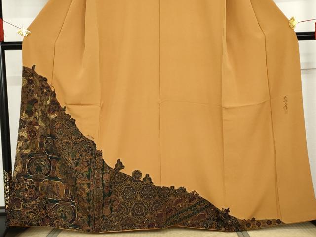 平和屋着物●前田仁仙 仁仙更紗 色留袖 更紗花鳥文 正絹 逸品 AABG2758cs