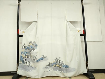平和屋着物●人間国宝・羽田登喜男 色留袖 風景樹林松文 正絹 逸品 AABG2744cs