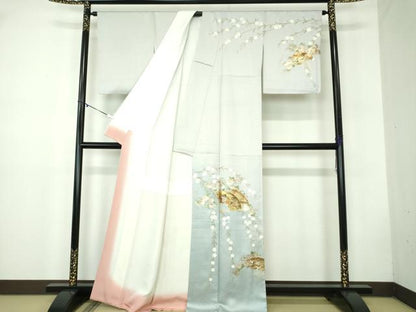 平和屋着物●訪問着　駒刺繍　扇面飛鶴花文　暈し染め　金銀彩　正絹　逸品　DABB4746ps