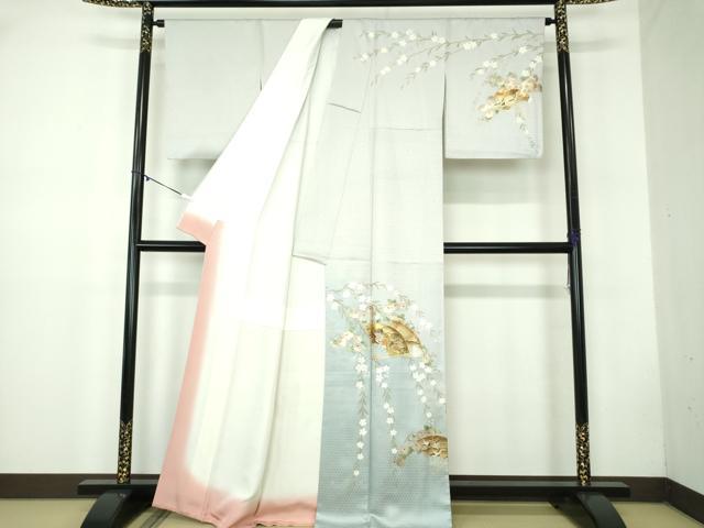 平和屋着物●訪問着　駒刺繍　扇面飛鶴花文　暈し染め　金銀彩　正絹　逸品　DABB4746ps