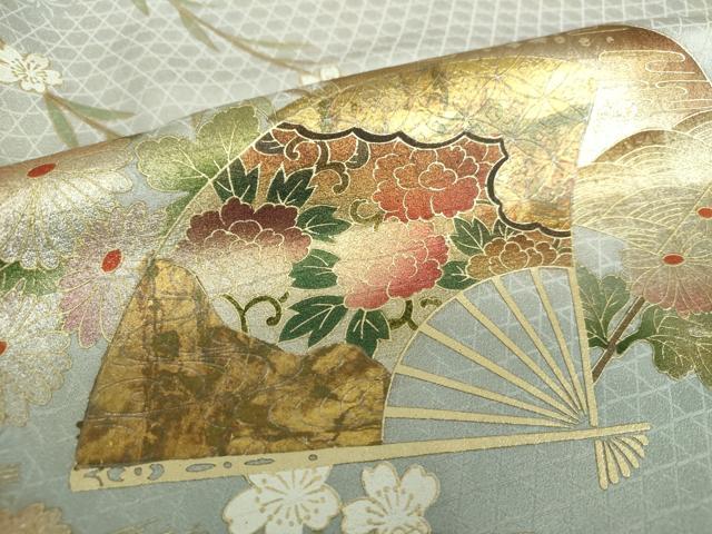 平和屋着物●訪問着　駒刺繍　扇面飛鶴花文　暈し染め　金銀彩　正絹　逸品　DABB4746ps