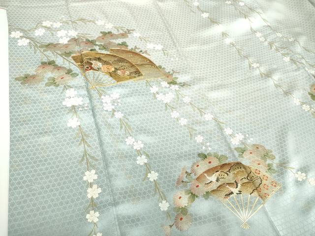 平和屋着物●訪問着　駒刺繍　扇面飛鶴花文　暈し染め　金銀彩　正絹　逸品　DABB4746ps