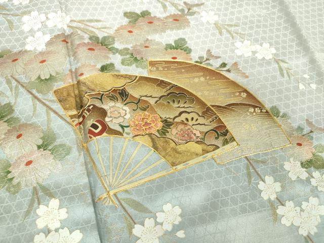 平和屋着物●訪問着　駒刺繍　扇面飛鶴花文　暈し染め　金銀彩　正絹　逸品　DABB4746ps