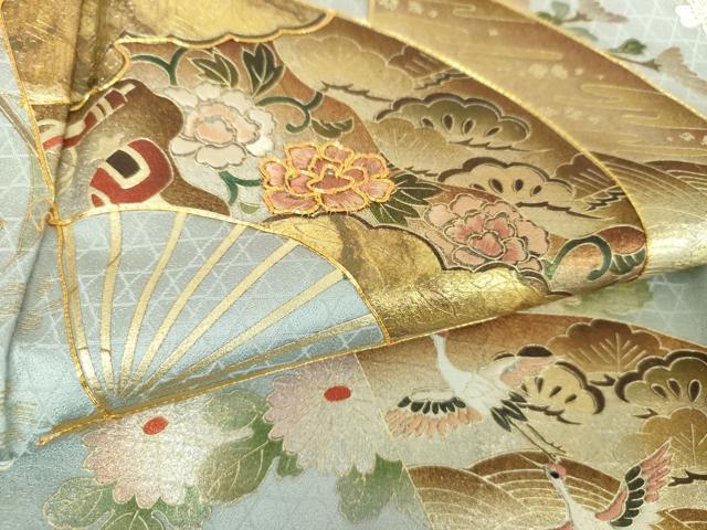 平和屋着物●訪問着　駒刺繍　扇面飛鶴花文　暈し染め　金銀彩　正絹　逸品　DABB4746ps