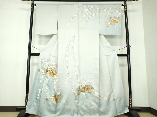 平和屋着物●訪問着　駒刺繍　扇面飛鶴花文　暈し染め　金銀彩　正絹　逸品　DABB4746ps