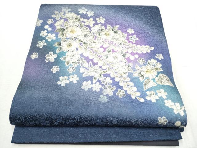 平和屋着物●太鼓柄袋帯　絞り　舞桜文　銀通し地　正絹　逸品　CABD5643hy