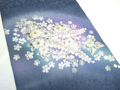 平和屋着物●太鼓柄袋帯　絞り　舞桜文　銀通し地　正絹　逸品　CABD5643hy