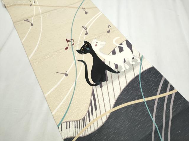 平和屋着物●全通柄　京袋帯　WAKKA　ワッカ　猫　ピアノ　音符　正絹　逸品　CABD5649hy