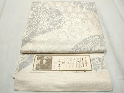 平和屋着物●本場筑前博多織 八寸名古屋帯 福山百合子 花鳥文 雅綾物織物謹製 証紙付き 正絹 逸品 CABD5675hy