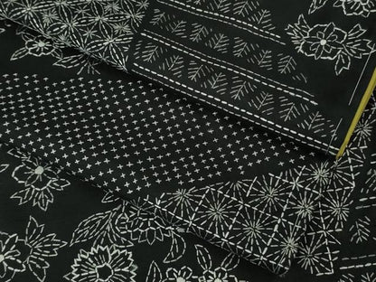 平和屋本店●極上　本場大島紬　刺し子　総刺繍　名物裂切嵌　草花文　黒地　逸品　未使用　DZAB5491kh6