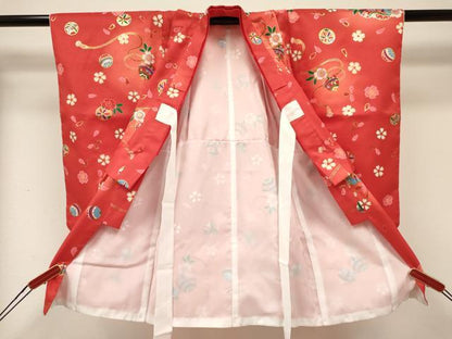 平和屋着物[]七五三　女の子　３歳　祝着　三つ身　長襦袢(単衣・半衿刺繍)・被布セット　鈴花文　暈し染め　金彩　DABA3970ma
