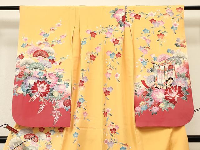 平和屋着物[]七五三　女の子　７歳　祝着　四つ身　几帳御所車花文　暈し染め　銀彩　逸品　DABA3986ma