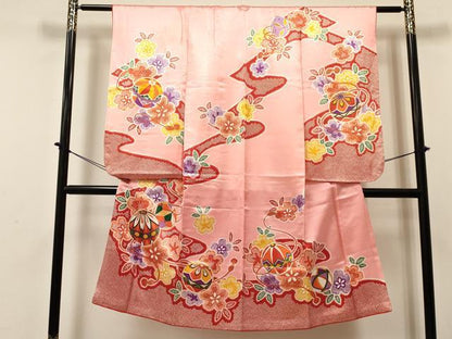 平和屋着物[]七五三　女の子　７歳　祝着　四つ身　流水鞠花文　金彩　DABA3985ma