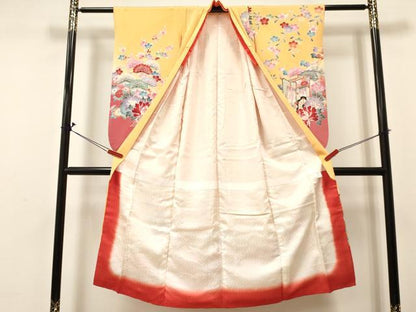 平和屋着物[]七五三　女の子　７歳　祝着　四つ身　几帳御所車花文　暈し染め　銀彩　逸品　DABA3986ma