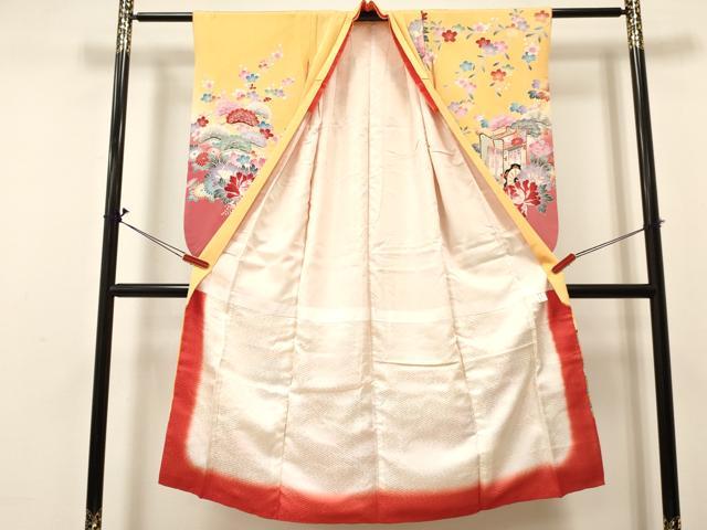 平和屋着物[]七五三　女の子　７歳　祝着　四つ身　几帳御所車花文　暈し染め　銀彩　逸品　DABA3986ma