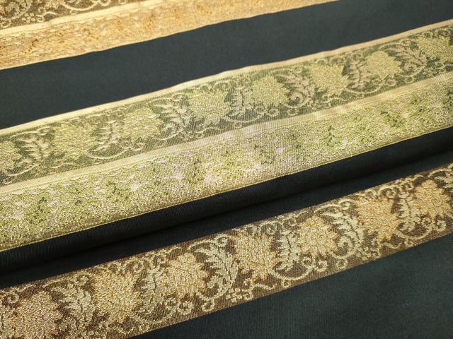 平和屋着物●九寸名古屋帯　横段花唐草文　黒地　金糸　正絹　逸品　CABD5728hy