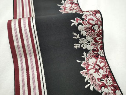 平和屋着物●本場筑前博多織　両面　半幅帯　舞花間道　黒地　正絹　逸品　CABD5715hy