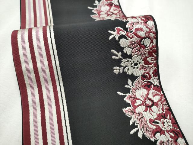 平和屋着物●本場筑前博多織　両面　半幅帯　舞花間道　黒地　正絹　逸品　CABD5715hy