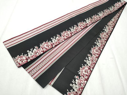 平和屋着物●本場筑前博多織　両面　半幅帯　舞花間道　黒地　正絹　逸品　CABD5715hy
