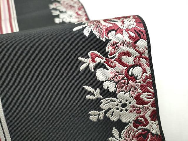 平和屋着物●本場筑前博多織　両面　半幅帯　舞花間道　黒地　正絹　逸品　CABD5715hy
