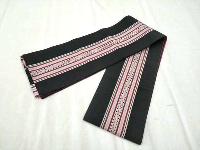 平和屋着物●本場筑前博多織　両面　半幅帯　舞花間道　黒地　正絹　逸品　CABD5715hy