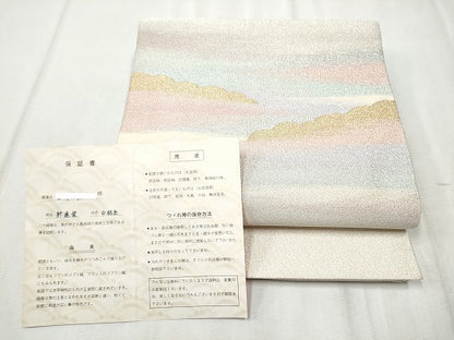 平和屋着物●西陣　安田つづれ工房謹製　八寸名古屋帯　新遙雲　白銀杢色　金銀糸　証紙付き　正絹　逸品　CABD0763hy