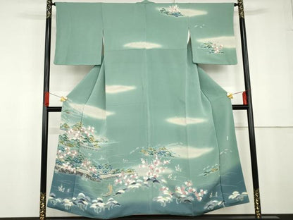 平和屋着物●訪問着 友禅 風景梅松文 暈し染め 鬼しぼ縮緬 正絹 逸品 AABG2784cs