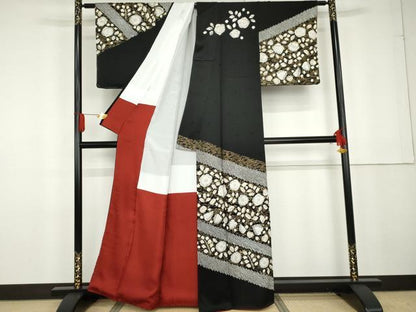平和屋着物●訪問着 辻が花 絞り 黒地 金彩 正絹 逸品 AABG2783cs