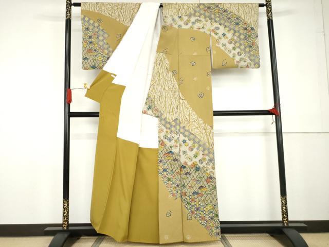 平和屋着物●江戸紅型 五味桂子 訪問着 型染め 吉祥花丸文 鬼しぼ縮緬 正絹 逸品 AABG2780cs